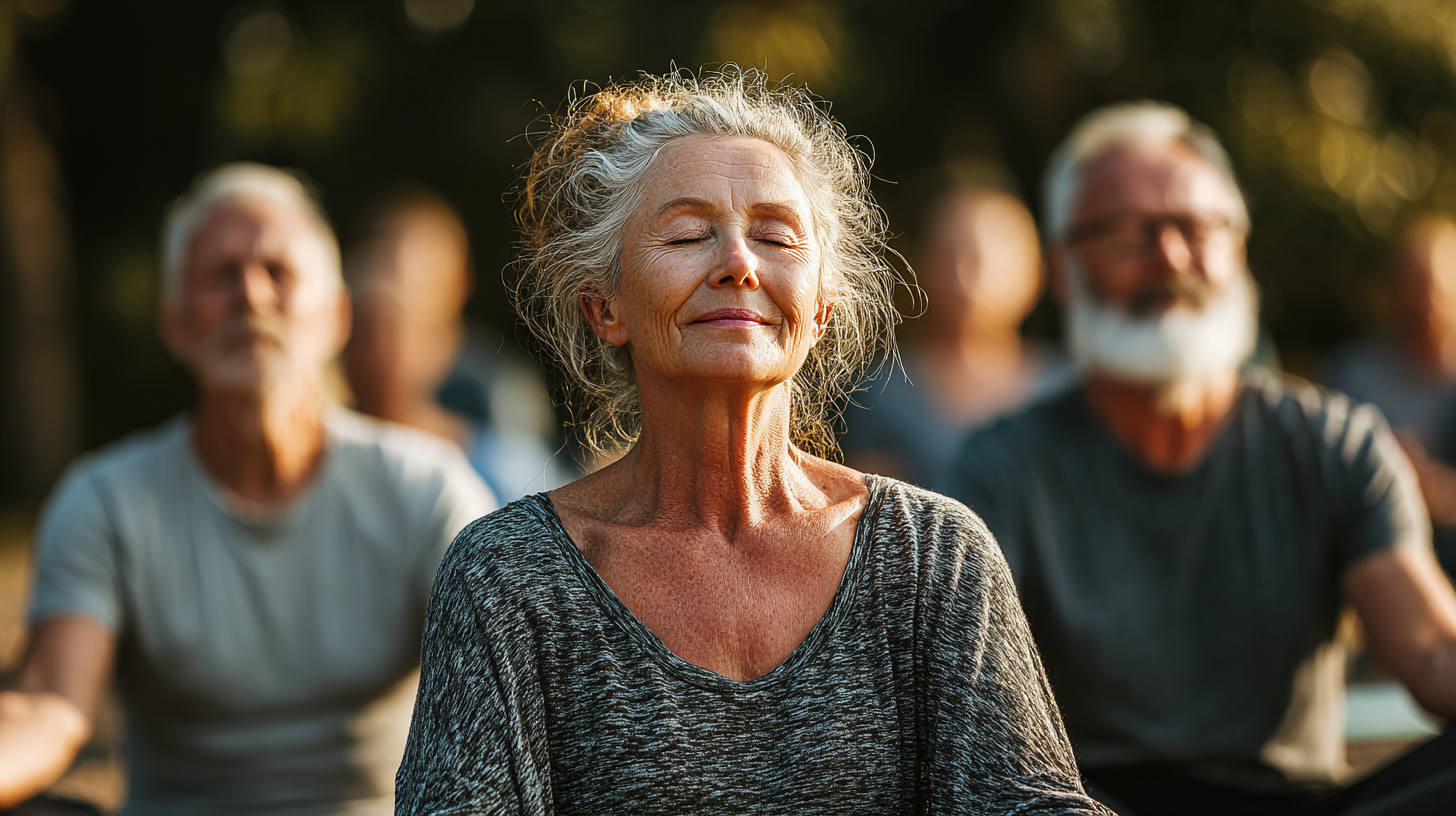 Grupo de adultos mayores practicando yoga en un ambiente sereno y natural